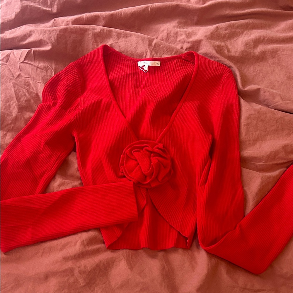 Red V-Neck Sweater with Floral Detail